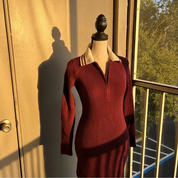 Abercrombie Burgundy Ribbed Long Sleeve Sweater Dress Collared Knit Bodycon - Picture 2 of 9
